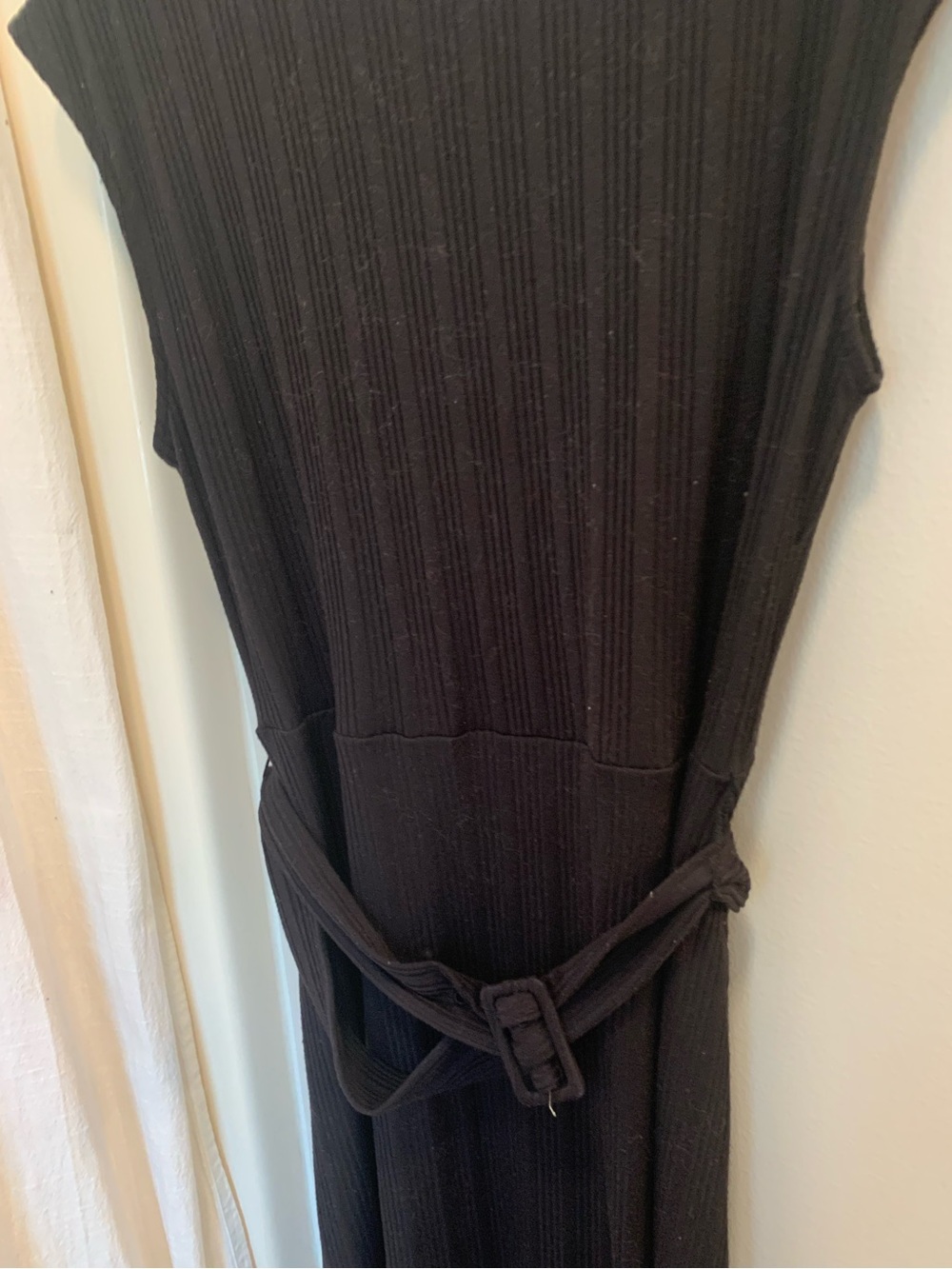 Nine West women’s black ribbed knit midi dress short sleeve crew neck w/ belt L